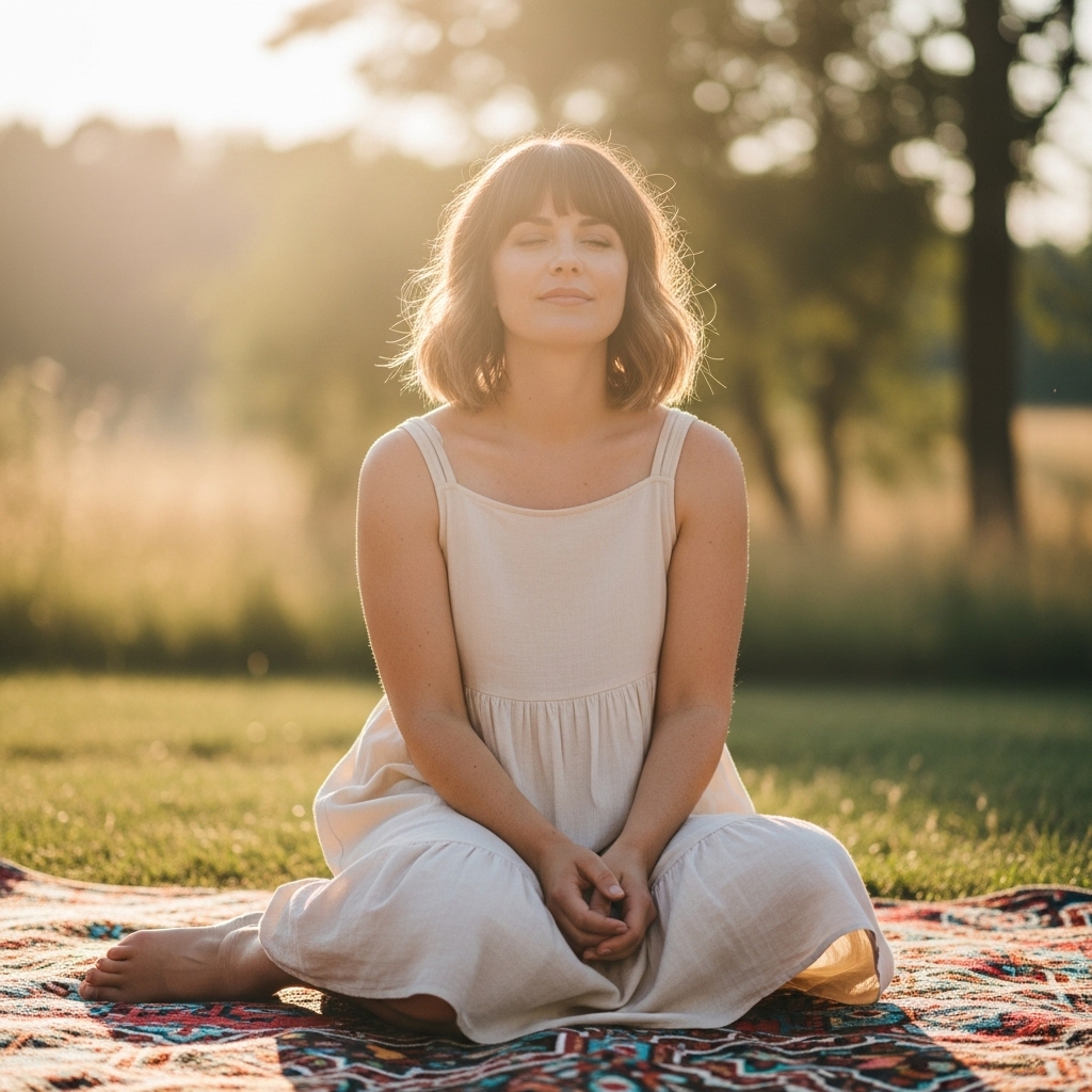 Woman with thick medium-length hair sitting outdoors in sunlight