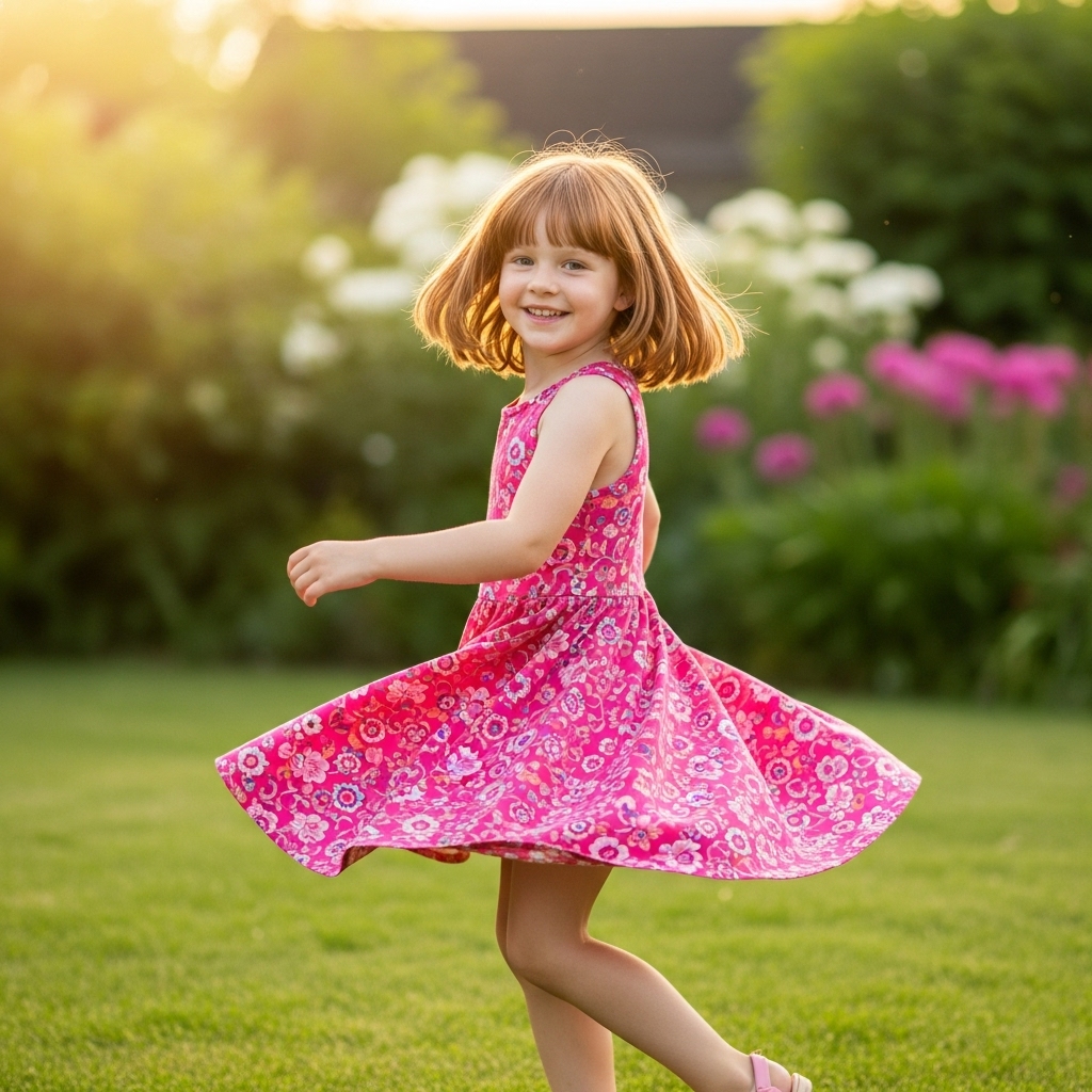 Girl with a shoulder-length haircut is turning around with the wind in her hair
