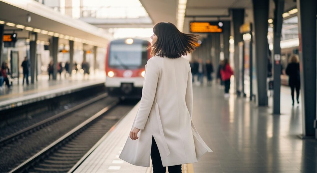 Woman with layered shoulder length haircut walking through station.