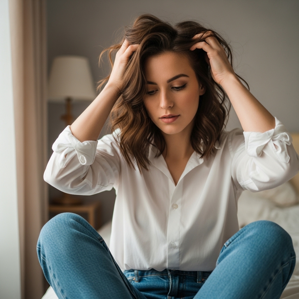 woman with medium haircut pulling hands through his wavy hair