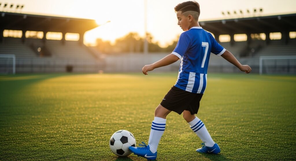 Fade haircut for boys playing soccer with mid fade sides.