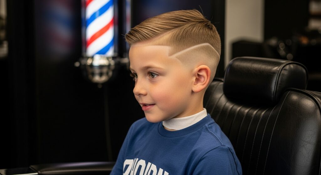 Little boy fade haircut side profile with clean taper.