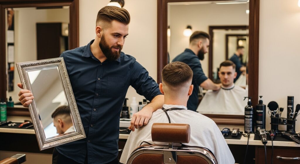 coiffeur expliquant taper coupe à son client