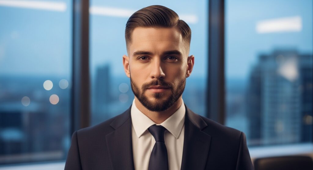 Taper fade with side part hairstyle for men.