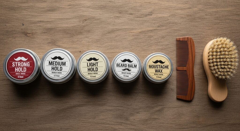 "Top five moustache wax products displayed with comb and brush."