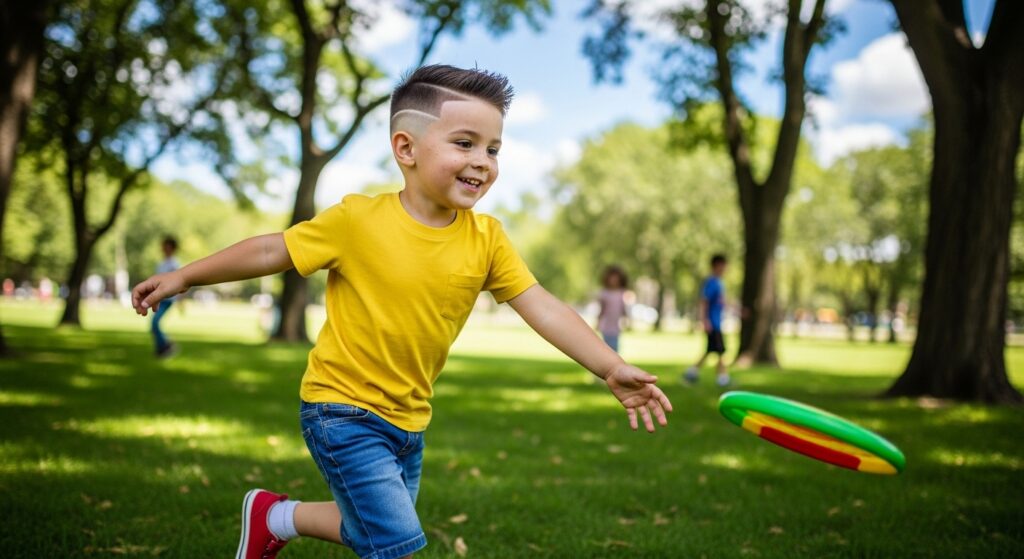 Low taper fade kids haircut while playing outdoors.