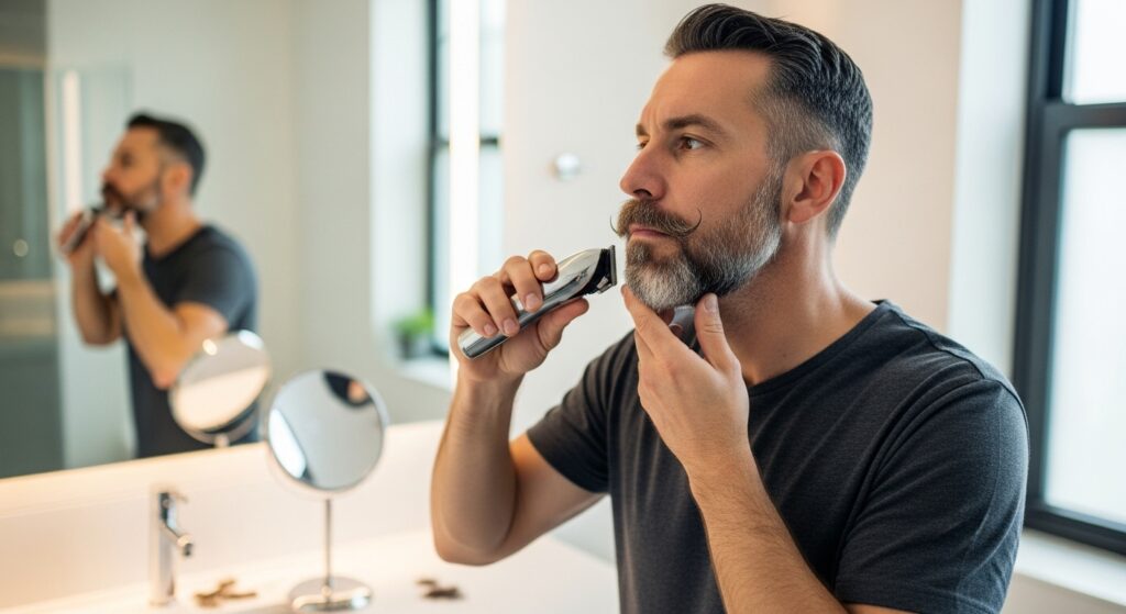 Man trimming his Van Dyke beard with precision for a sharp look.