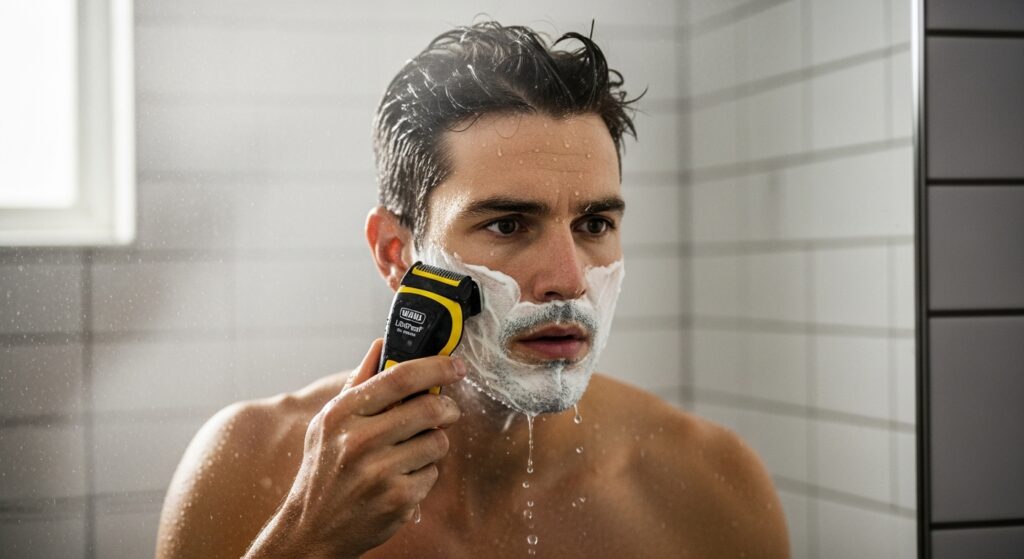 A man holding a water-resistant Wahl LifeProof shaving machine under the water jet.