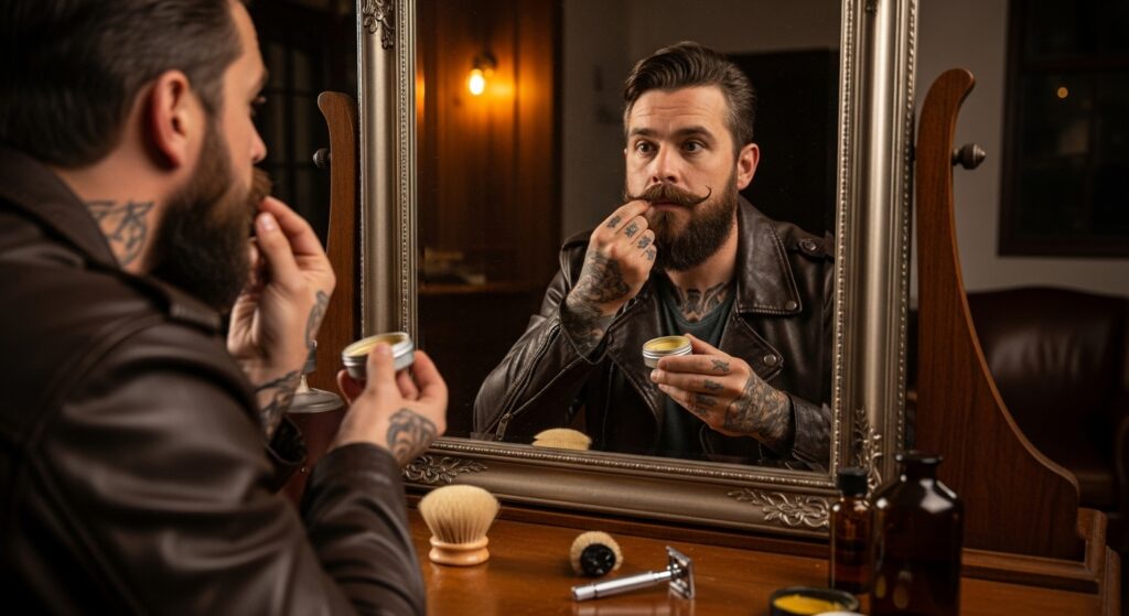 “Man in casual wear applying moustache wax in the mirror.”