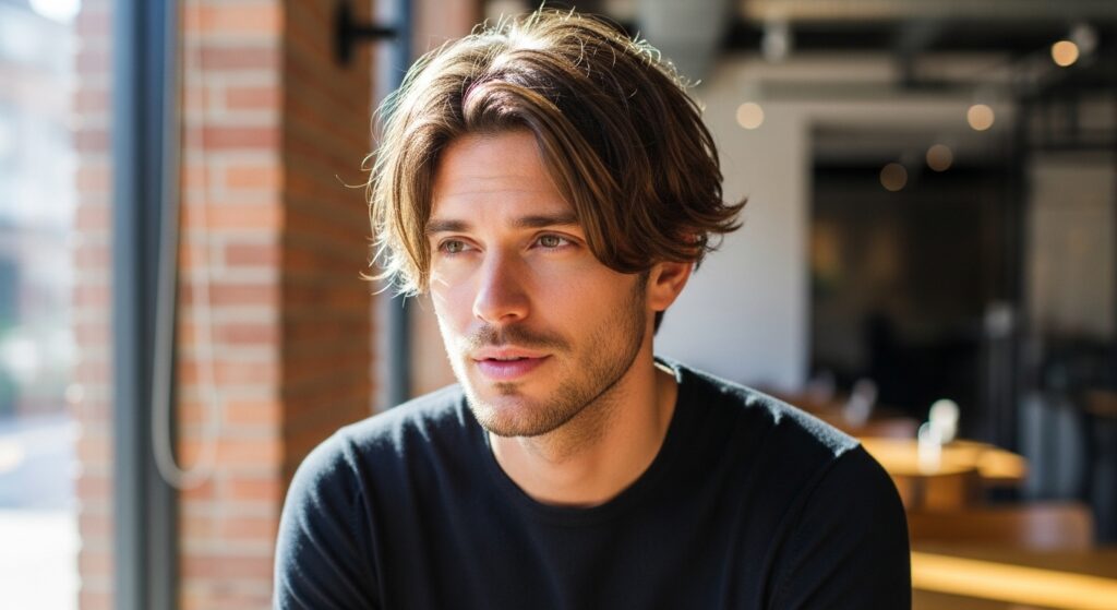 Medium layered hairstyle for men with thick hair.