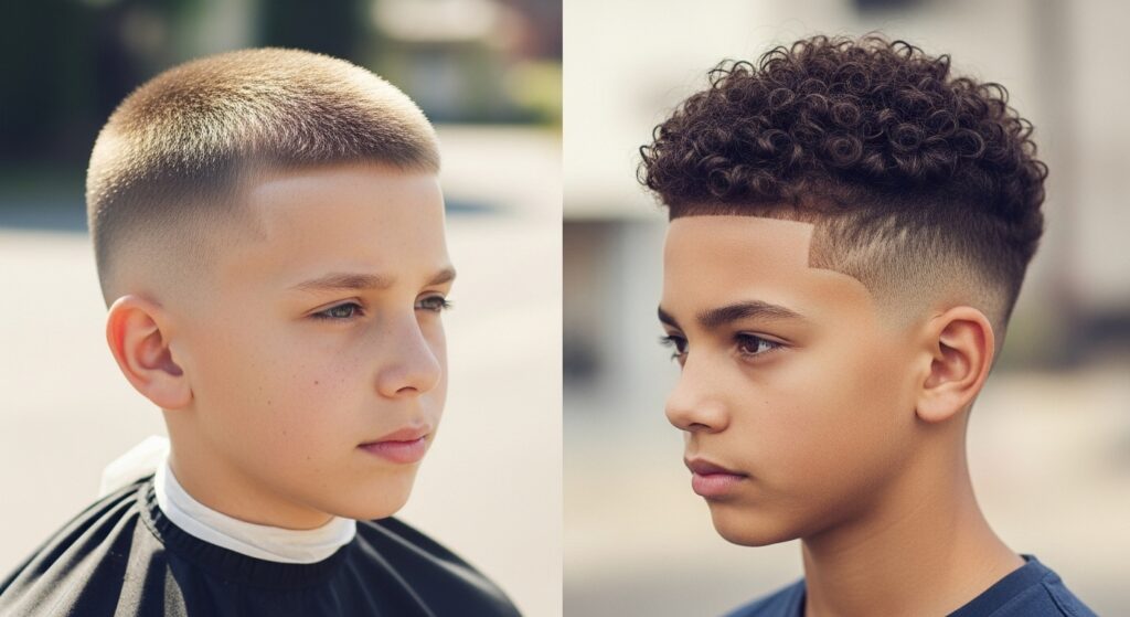 Boys haircuts fade styles, buzz cut and curly fade.