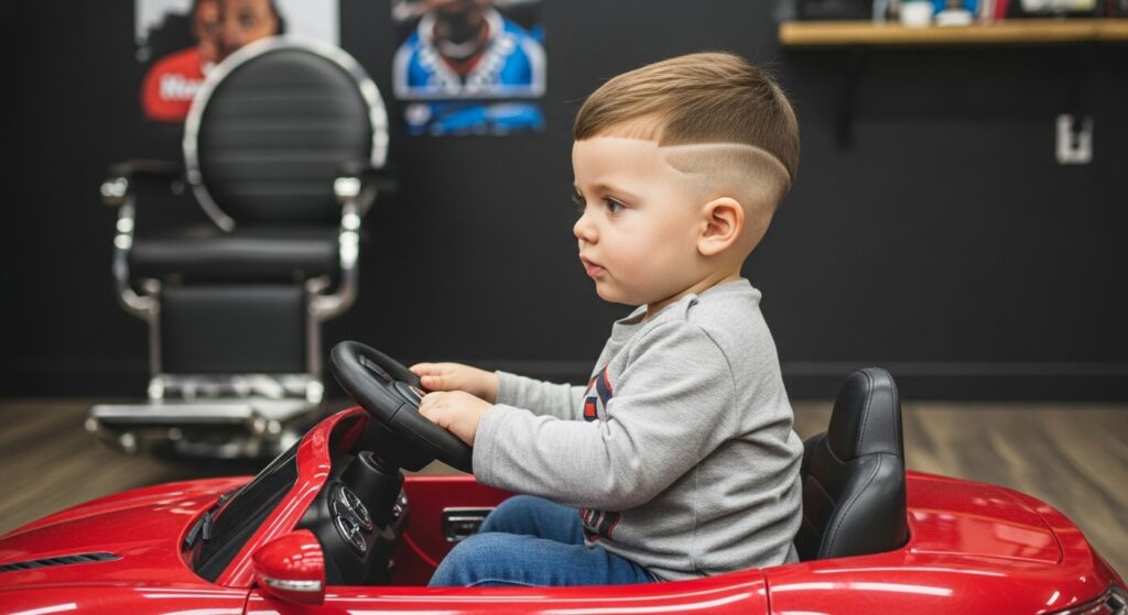 Toddler boy fade haircut with short sides and clean top.