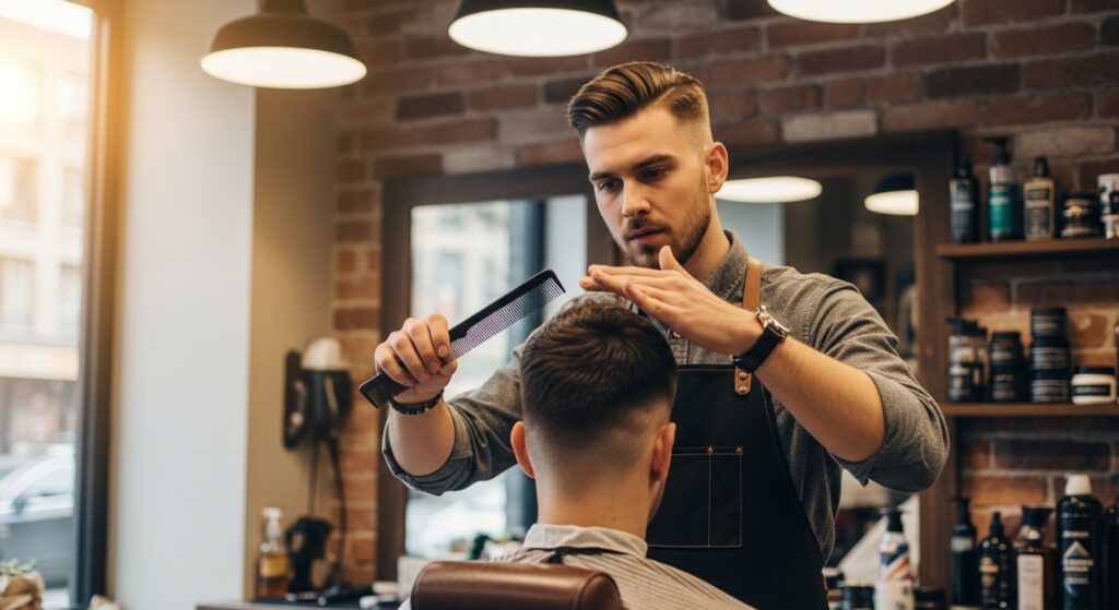  "Barber checking both sides of fade for evenness"