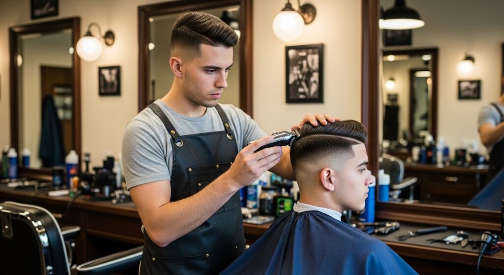 Barber using trimmer to clean edges of fade haircut"