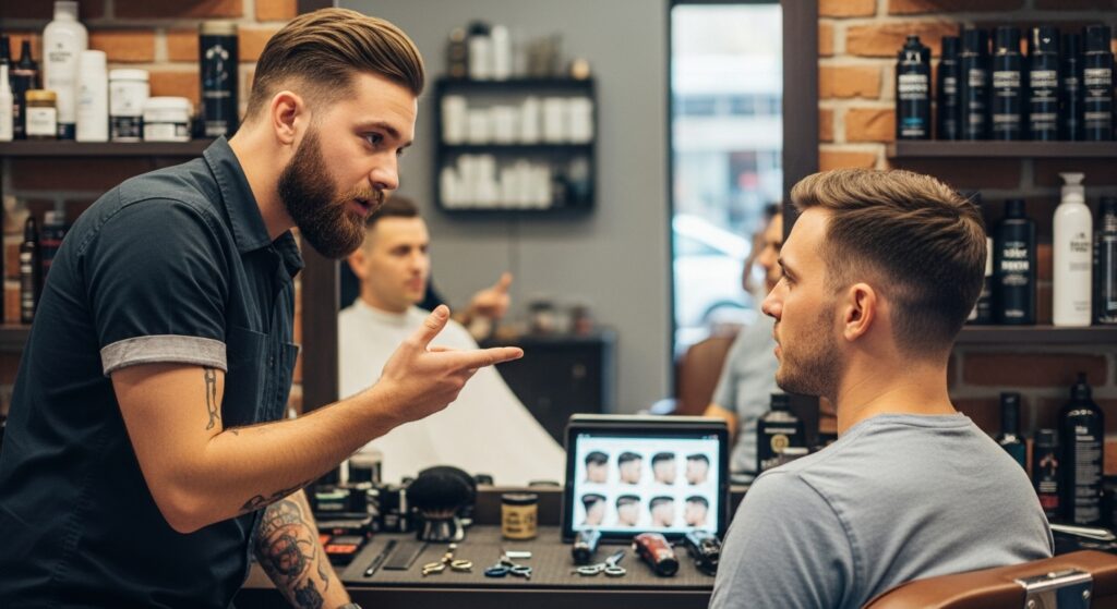  Barber advising client on fade haircut for men based on face shape