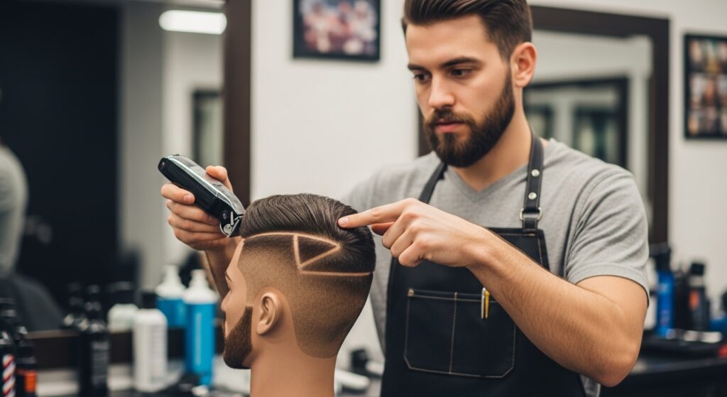 "Barber showing haircut fade zones on mannequin head"