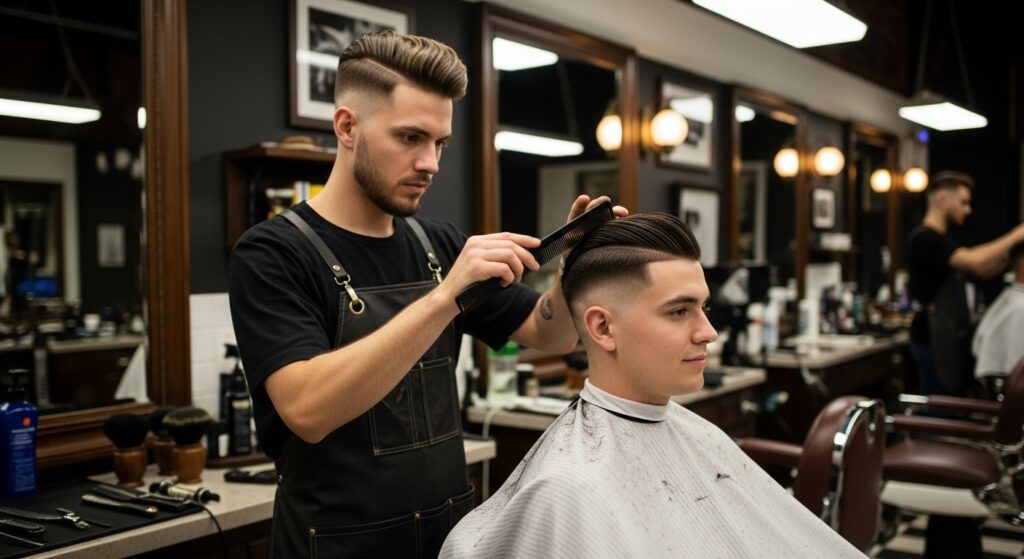 Barber styling a middle part fade haircut for men