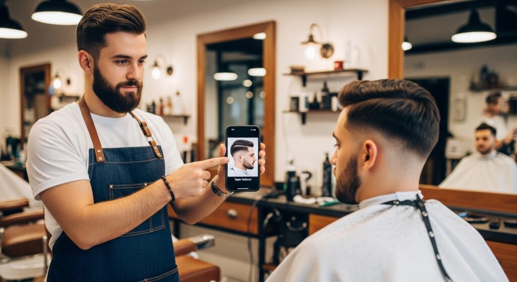 client showing photo of taper haircut to barber