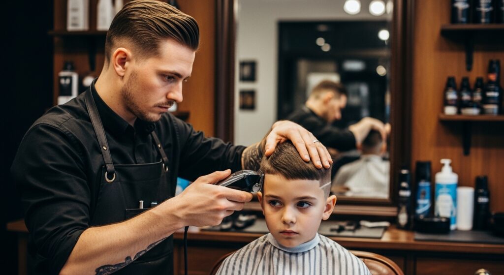 Boy short fade haircut in barber chair with clippers.