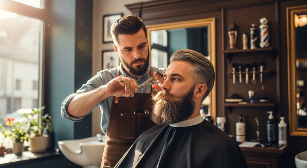 Professional barber trimming a long beard