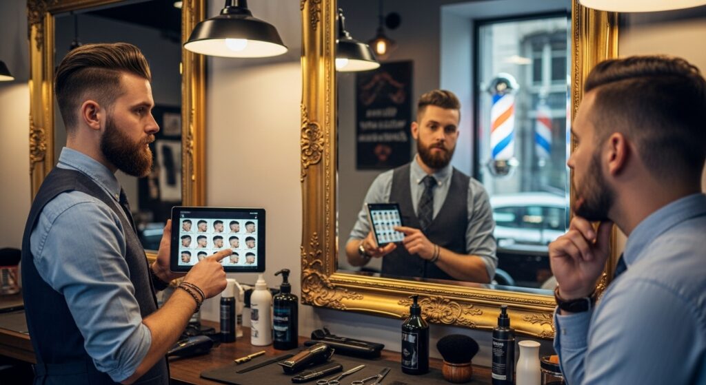 "Barber discussing fade height options with client"