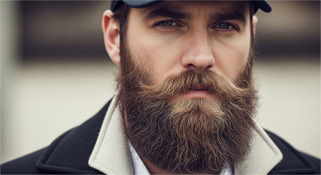 Rounded long beard softening square jawline