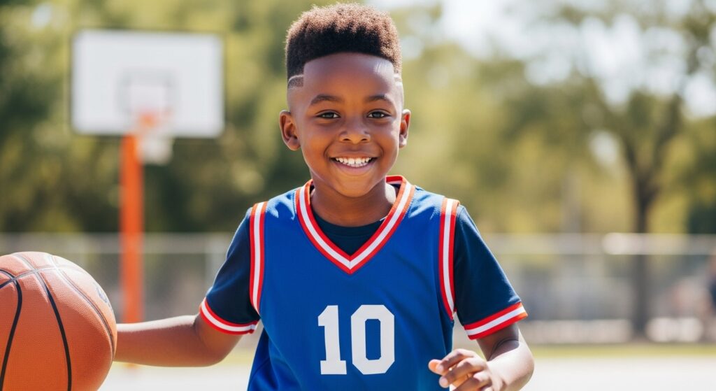 Young black boy with taper haircut in basketball outfit