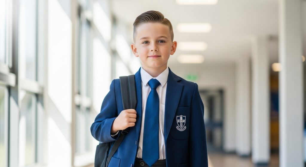 "School-age boy with low fade haircut"