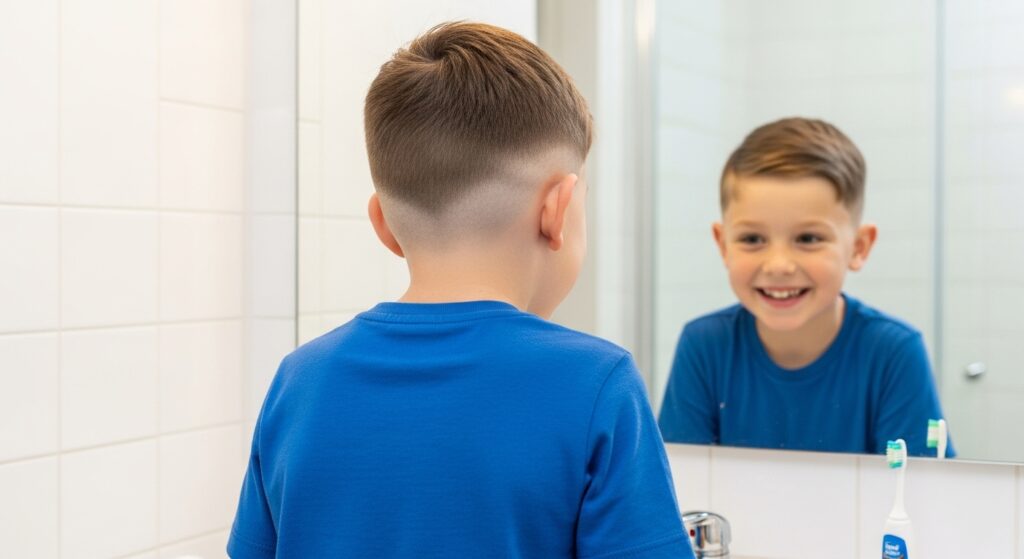 Child admiring his fade haircut with a proud grin in the mirror