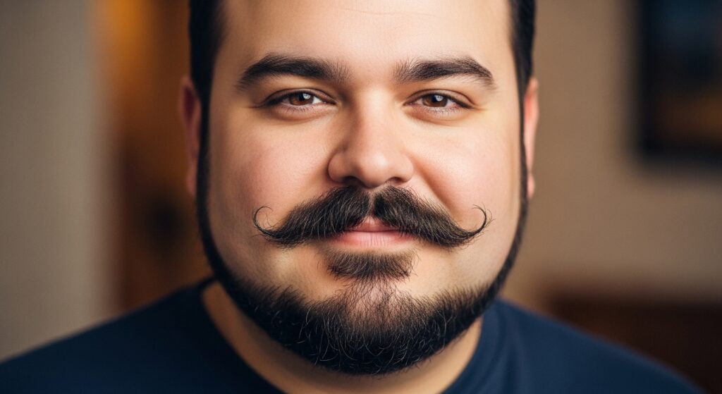 Round face shaped man with a Van Dyke beard enhancing his features.
