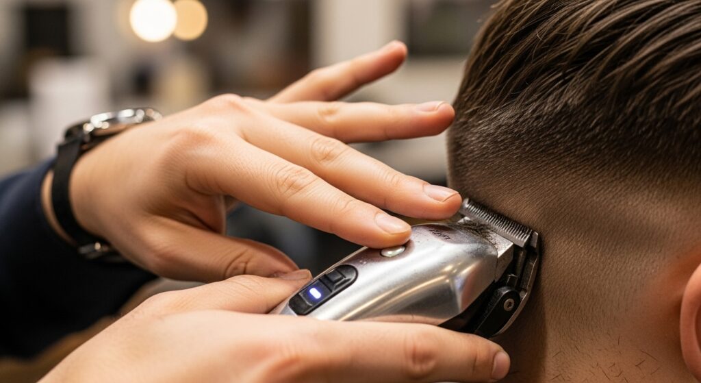 Barber blending skin fade near neckline with clippers