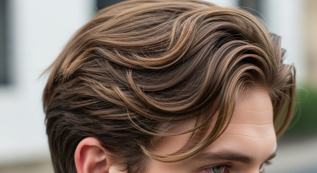 Indian man with medium wavy hairstyle outdoors.