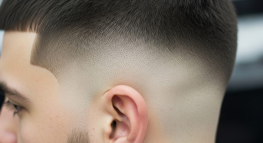  "Skin fade haircut close-up around ear"