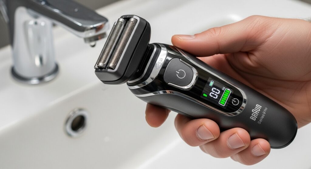 Braun Series 9 Pro electric shaver being held before morning shave.