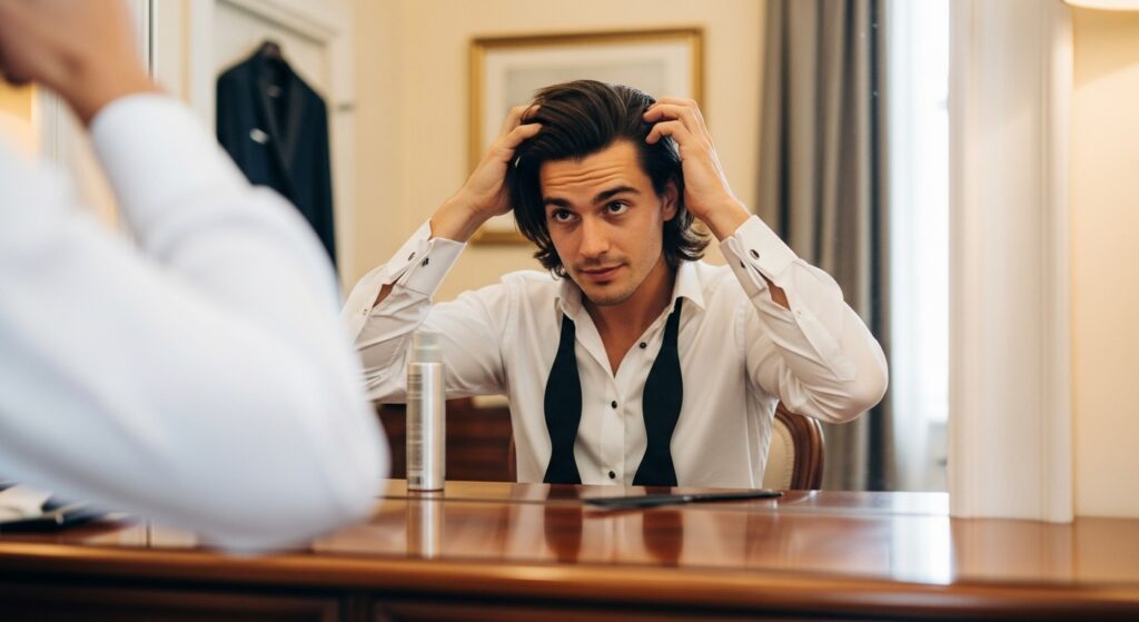 Indian groom styling medium length hair for wedding look.