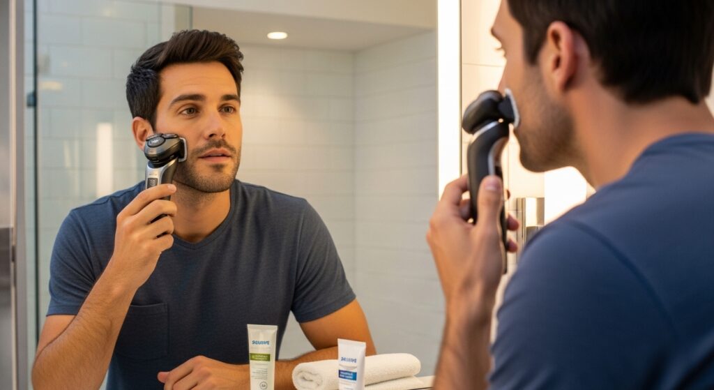 Man using Philips Norelco 9800 rotary shaver in the bathroom mirror.