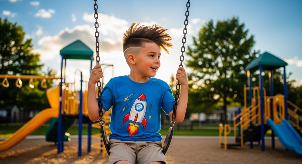 Child running with a low fade haircut at the playground