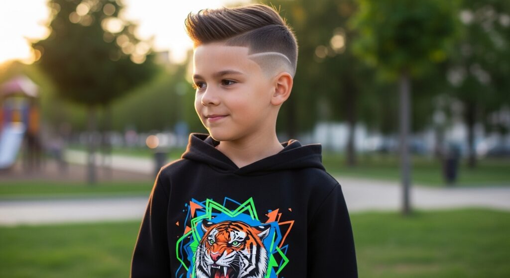 Boy with taper faux hawk haircut and bright printed hoodie