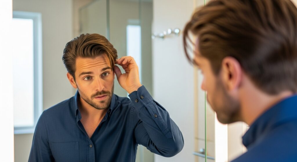  Indian man styling medium length haircut in mirror.