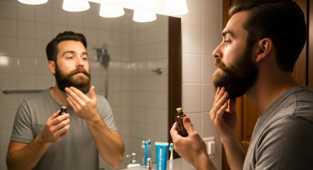 Applying beard oil to maintain healthy long beard