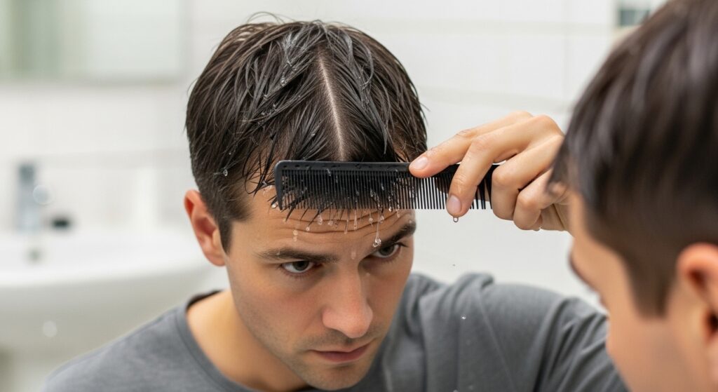 Man creating a middle part in front of the mirror after shower