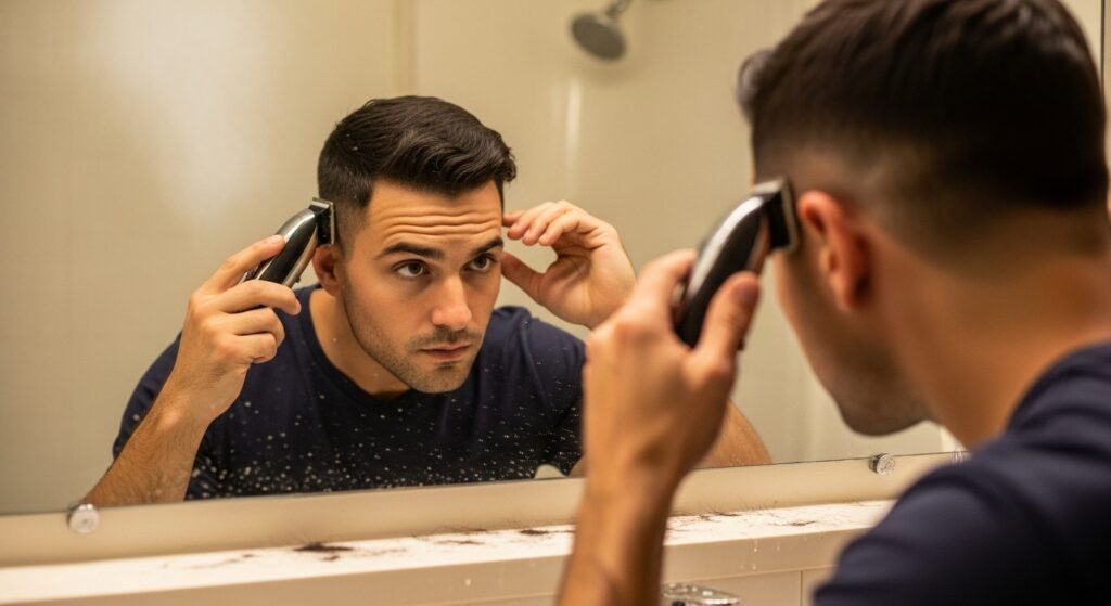 "Man maintaining fade haircut at home"