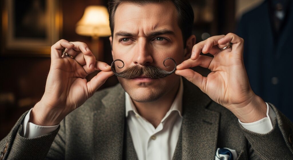 “Man creating curled moustache style after waxing.”
