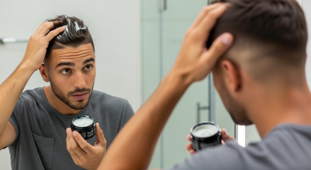 Applying matte clay to style mid fade haircut