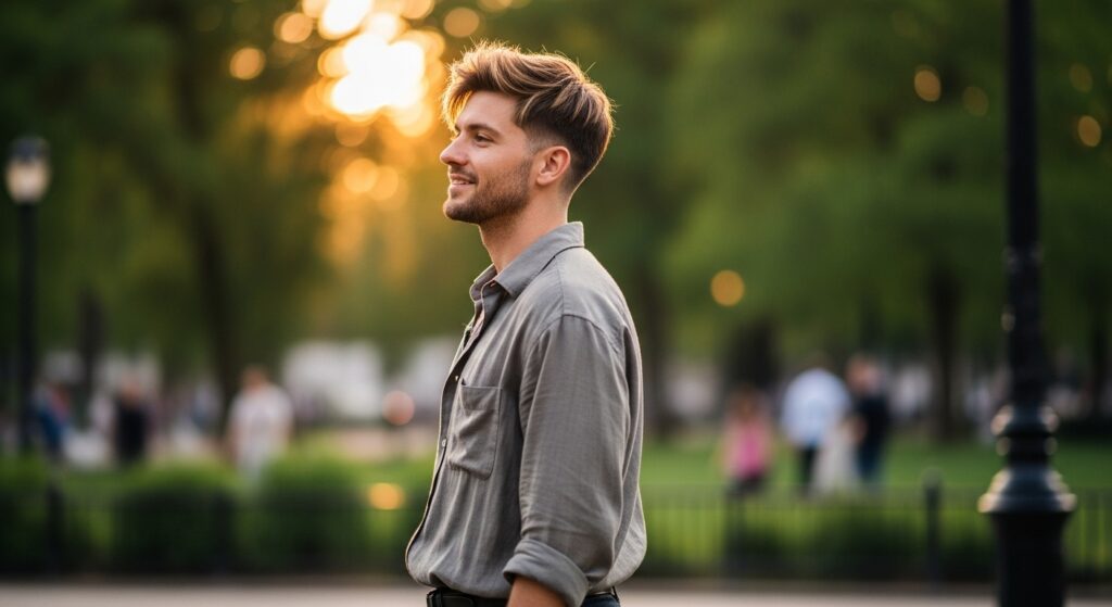 Male model with layered middle part hairstyle looking relaxed