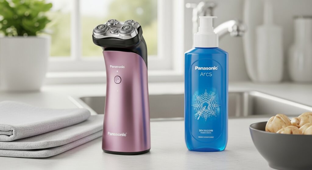  Panasonic Arc5 electric razor with shaving cream beside it.
