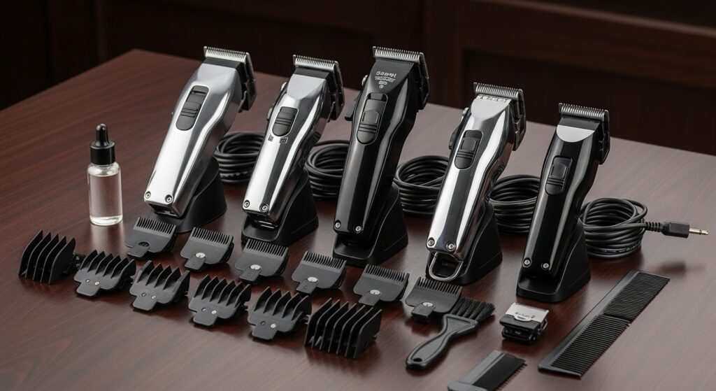 "Barber clipper set and guards arranged on workbench"