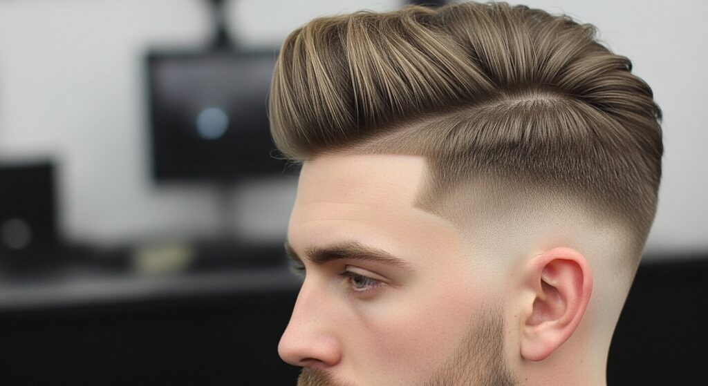 Stylish quiff hairstyle with mid taper fade haircut