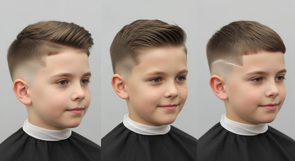 Kids fade haircut styles chart with low, mid, and crew cut examples.