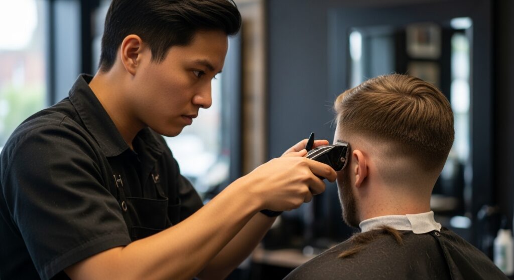 Barber creating smooth fade haircut for men